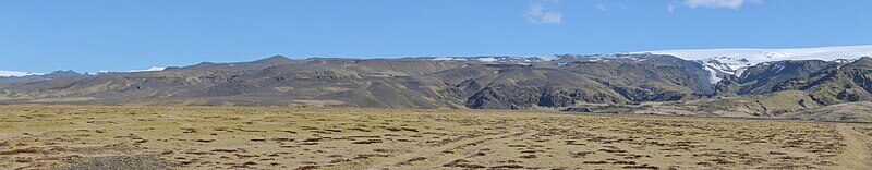 Mýrdalshreppur landscape with Vík village and Katla/Mýrdalsjökull backdrop