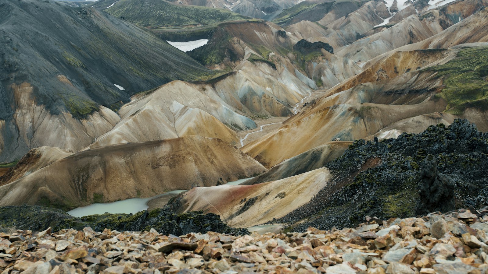 A hiking trail through the coloured hills at Landmannalaugar