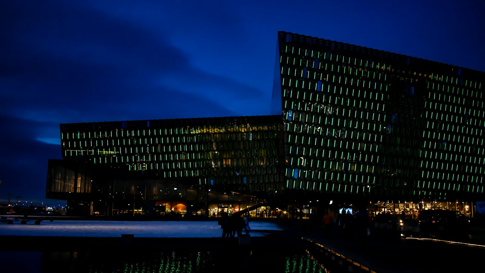 Harpa concert hall in Reykjavík lit up at night