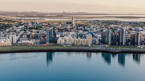 Hallgrímskirkja and the Reykjavík skyline from the air