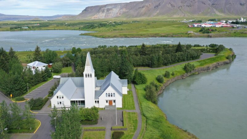 Selfoss church and the Ölfusá river from above