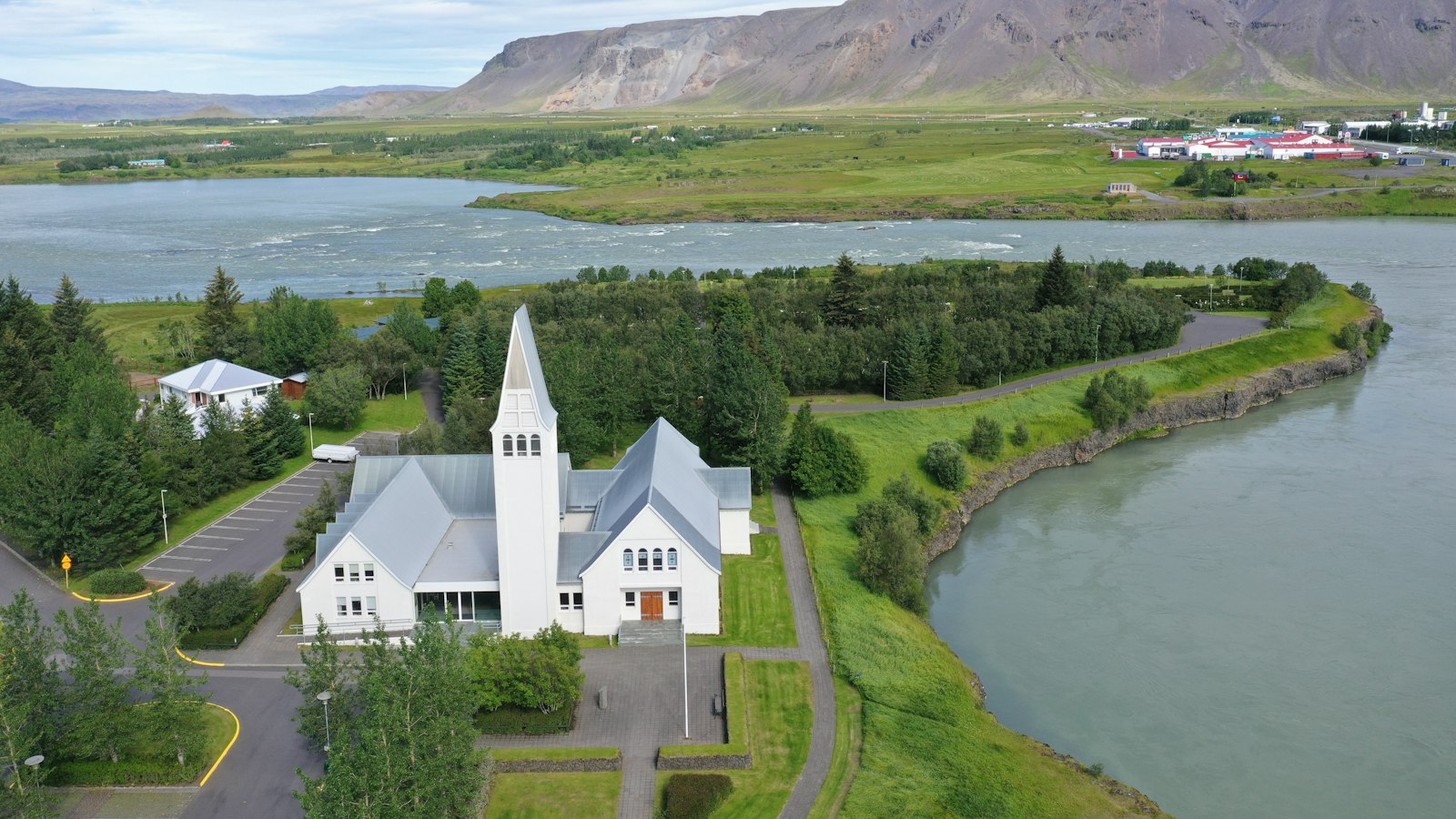 Selfoss church and the Ölfusá river from above