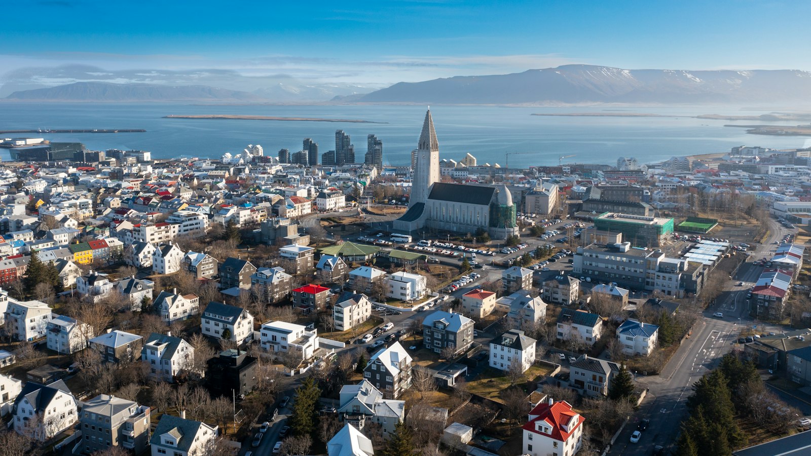 Reykjavík from above with Hallgrímskirkja and the bay