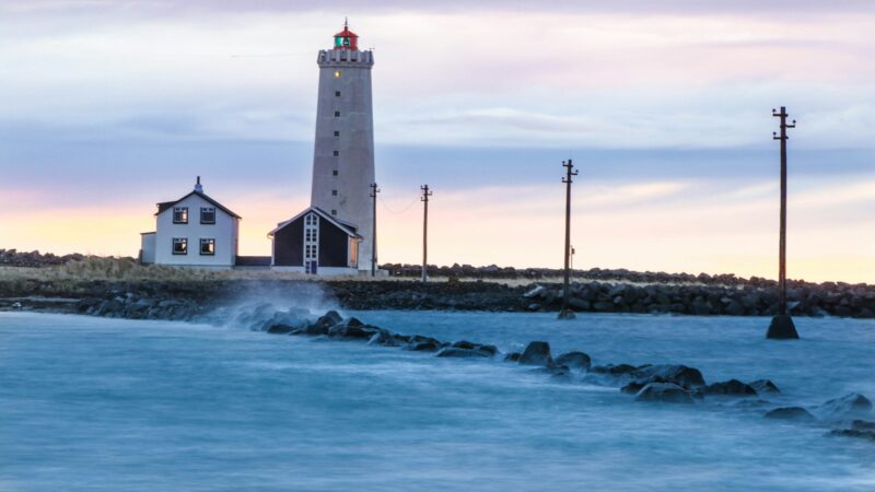 Grótta lighthouse near Reykjavík at dusk
