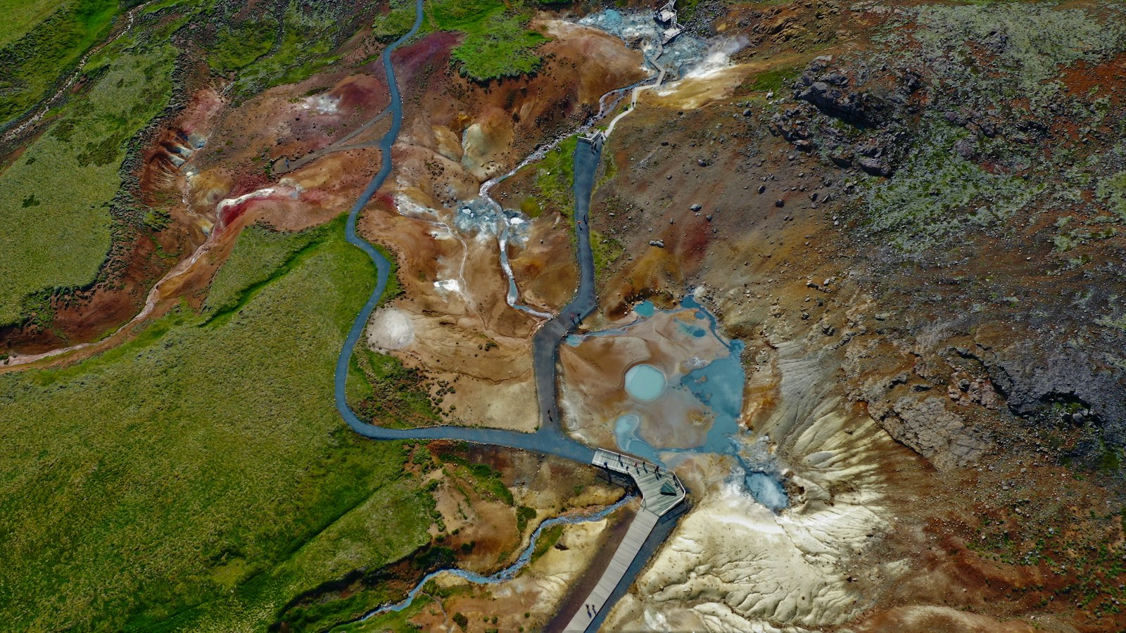 A geothermal area with coloured pools from the air