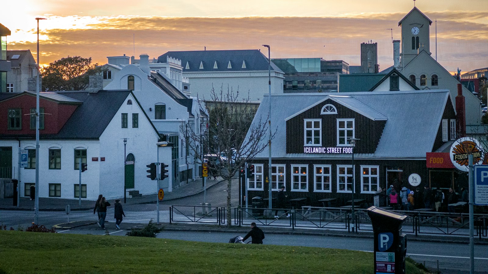 Old timber houses in central Reykjavík at sunset