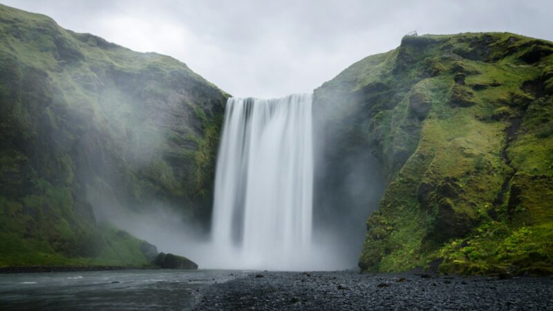 Waterfalls on a green mountainside