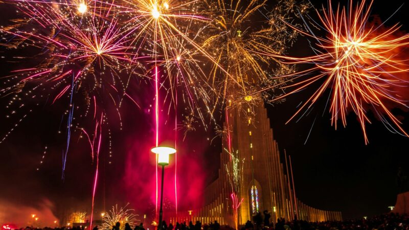 New Year's Eve fireworks over Hallgrímskirkja in Reykjavík