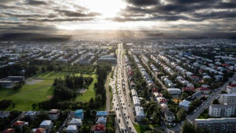 Reykjavík suburbs and a main road from the air