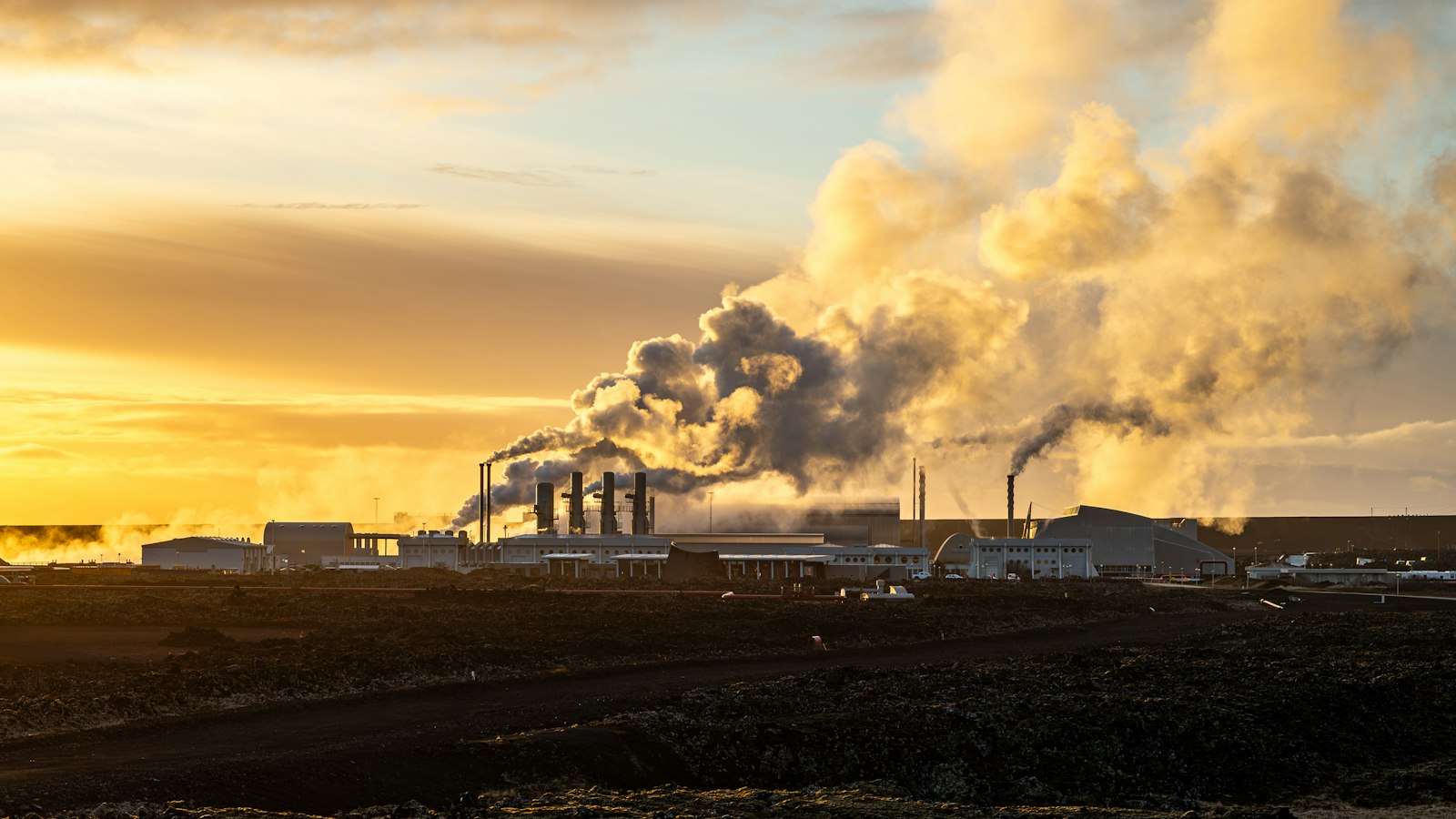Steam from the Svartsengi power plant near Grindavík at sunset