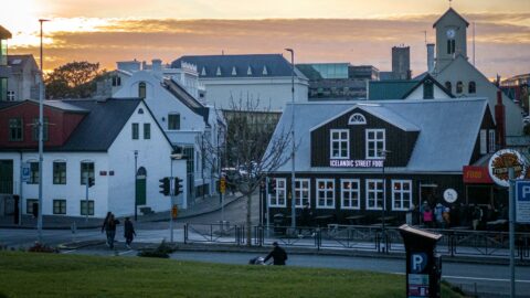 Old timber houses in central Reykjavík at sunset
