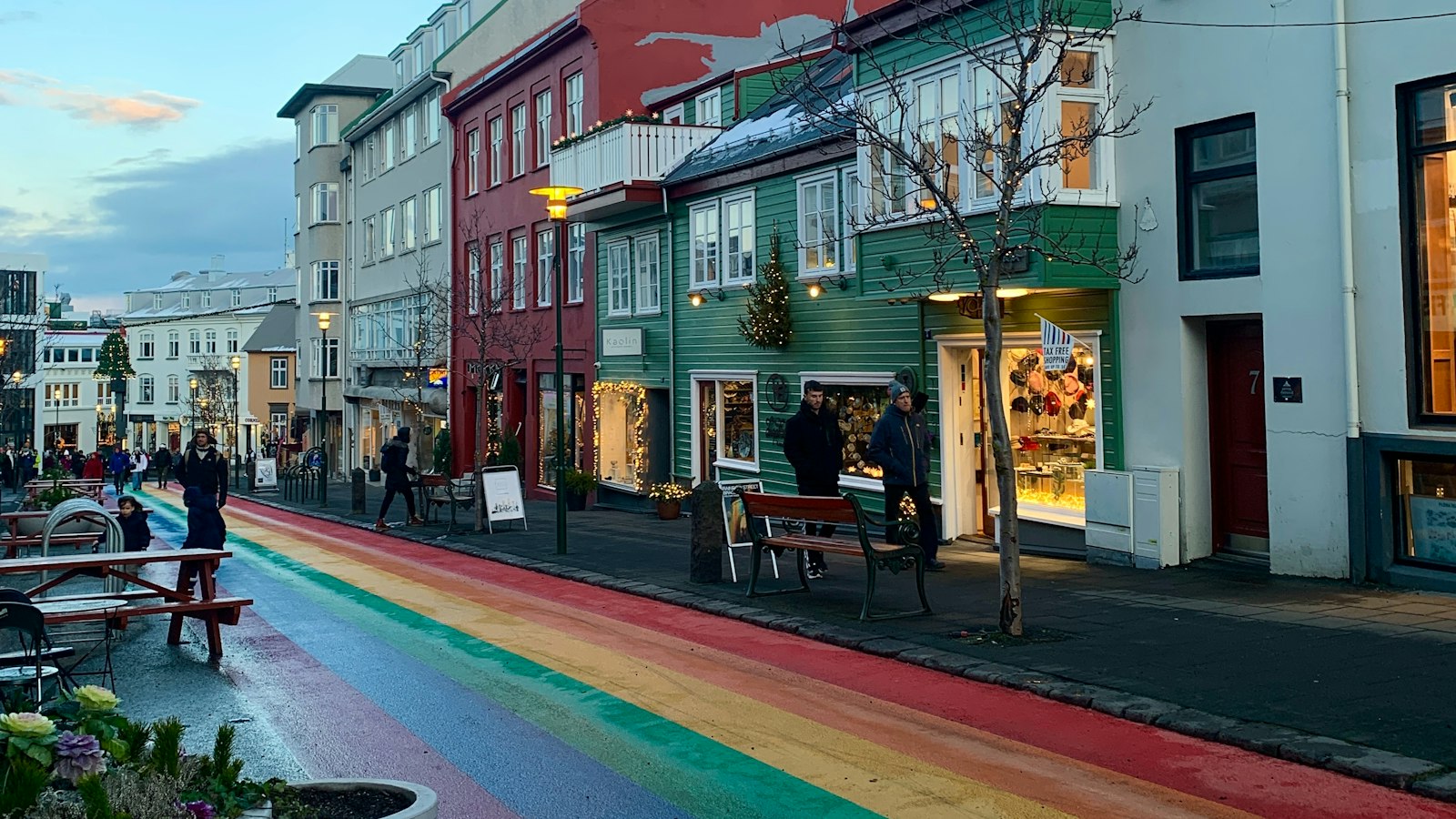 Rainbow-painted street in a small town