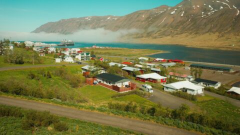A small town on a fjord in the Westfjords in summer