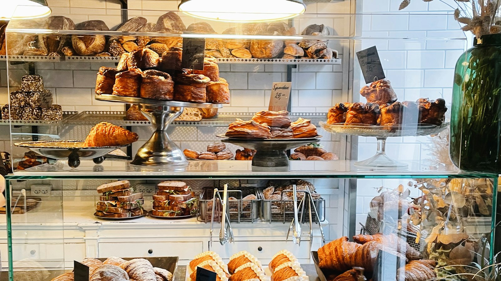 Pastries and cakes in a bakery display