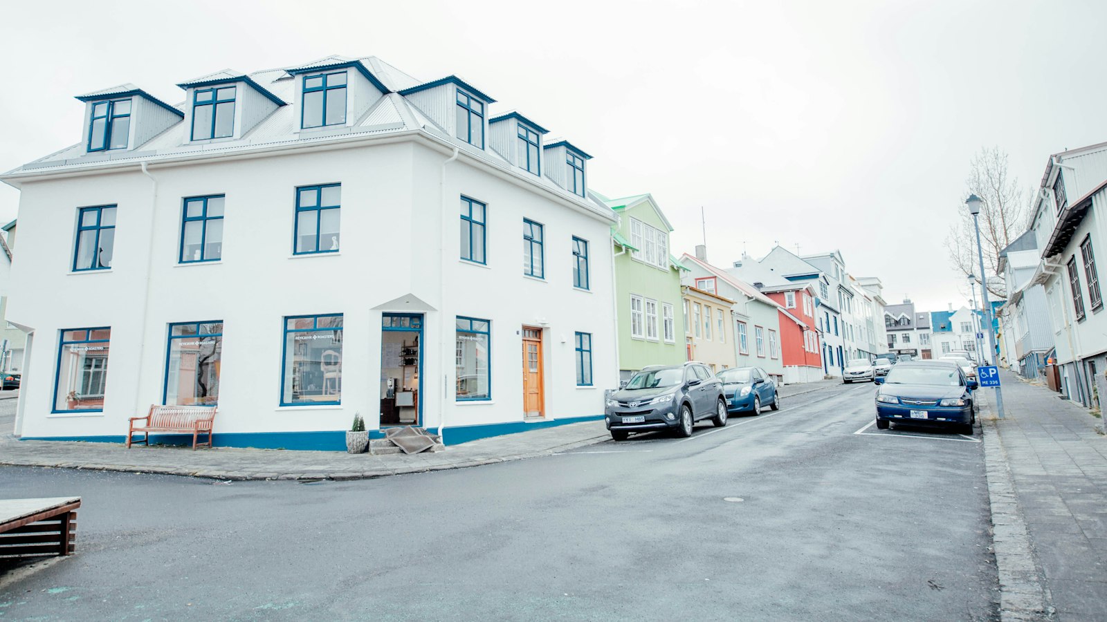 A quiet street of white houses in central Reykjavík